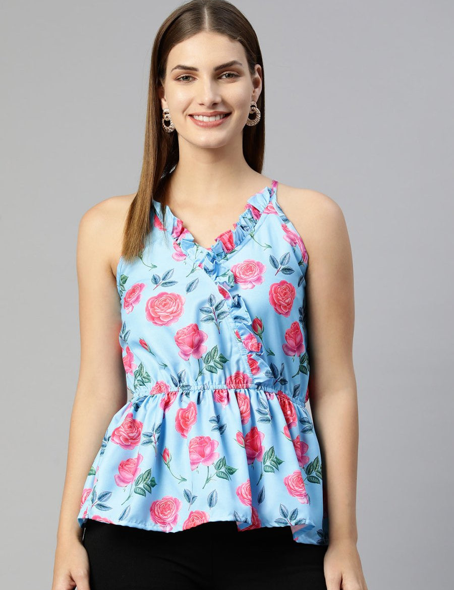 Women Printed crop top with frills - JNT_2008Sky_XS