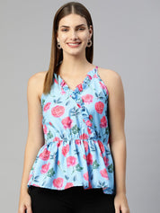 Women Printed crop top with frills - JNT_2008Sky_XS