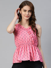 Women Printed crop top with frills - JNT_2008Peach_XS