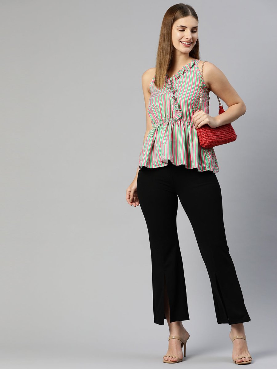 Women Printed crop top with frills - JNT_2008Green-Peach_XS