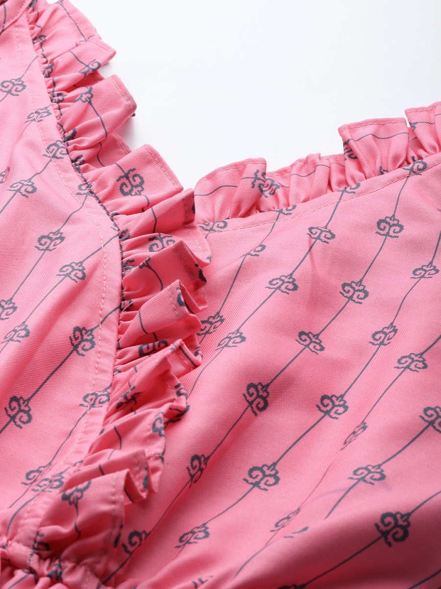 Women Printed crop top with frills - JNT_2008Peach_XS
