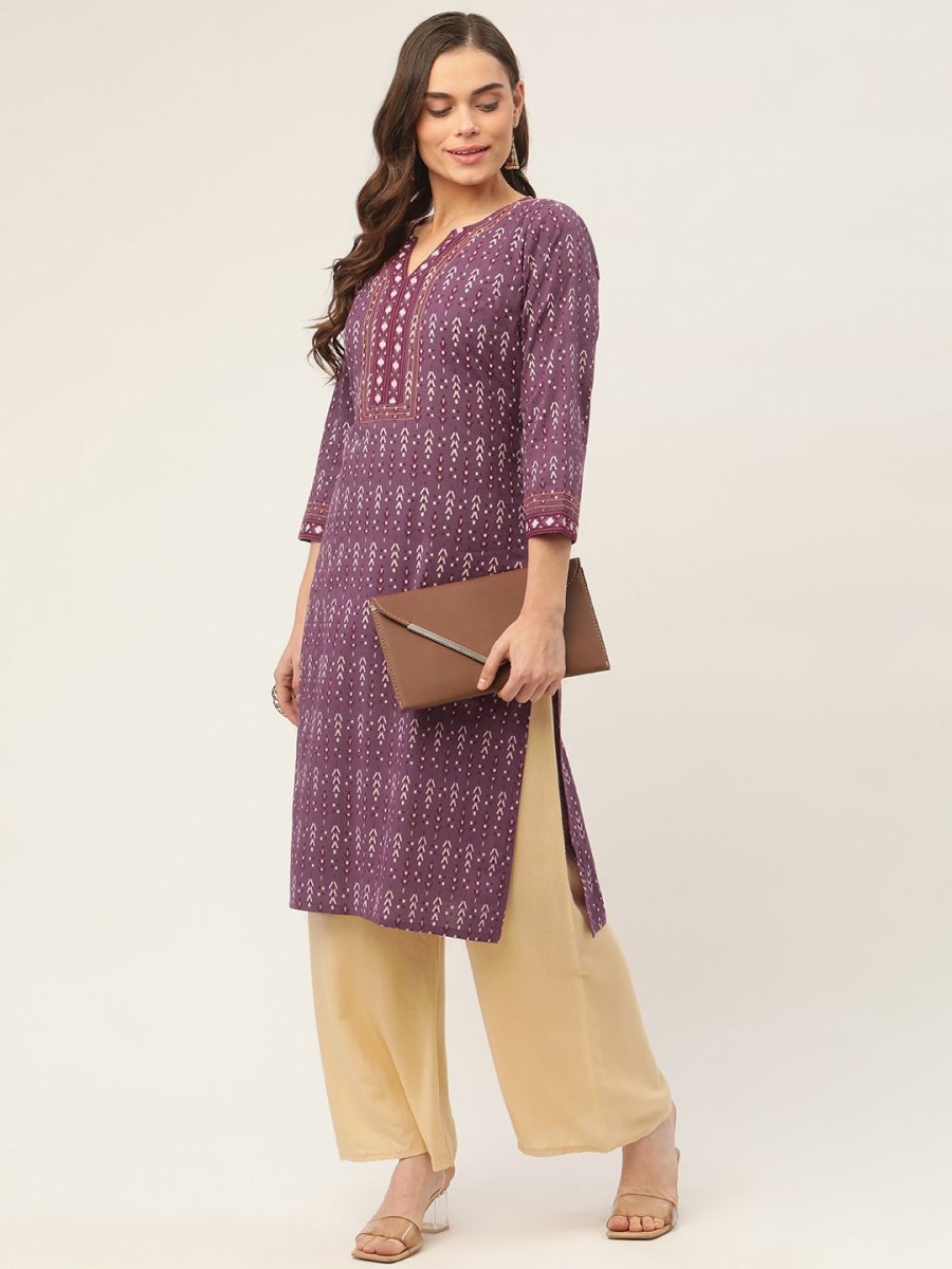 Women Purple Pure Cotton Ikat Printed Kurtas - JOK_1434_Purple_S