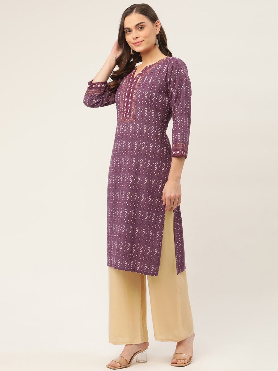 Women Purple Pure Cotton Ikat Printed Kurtas - JOK_1434_Purple_S