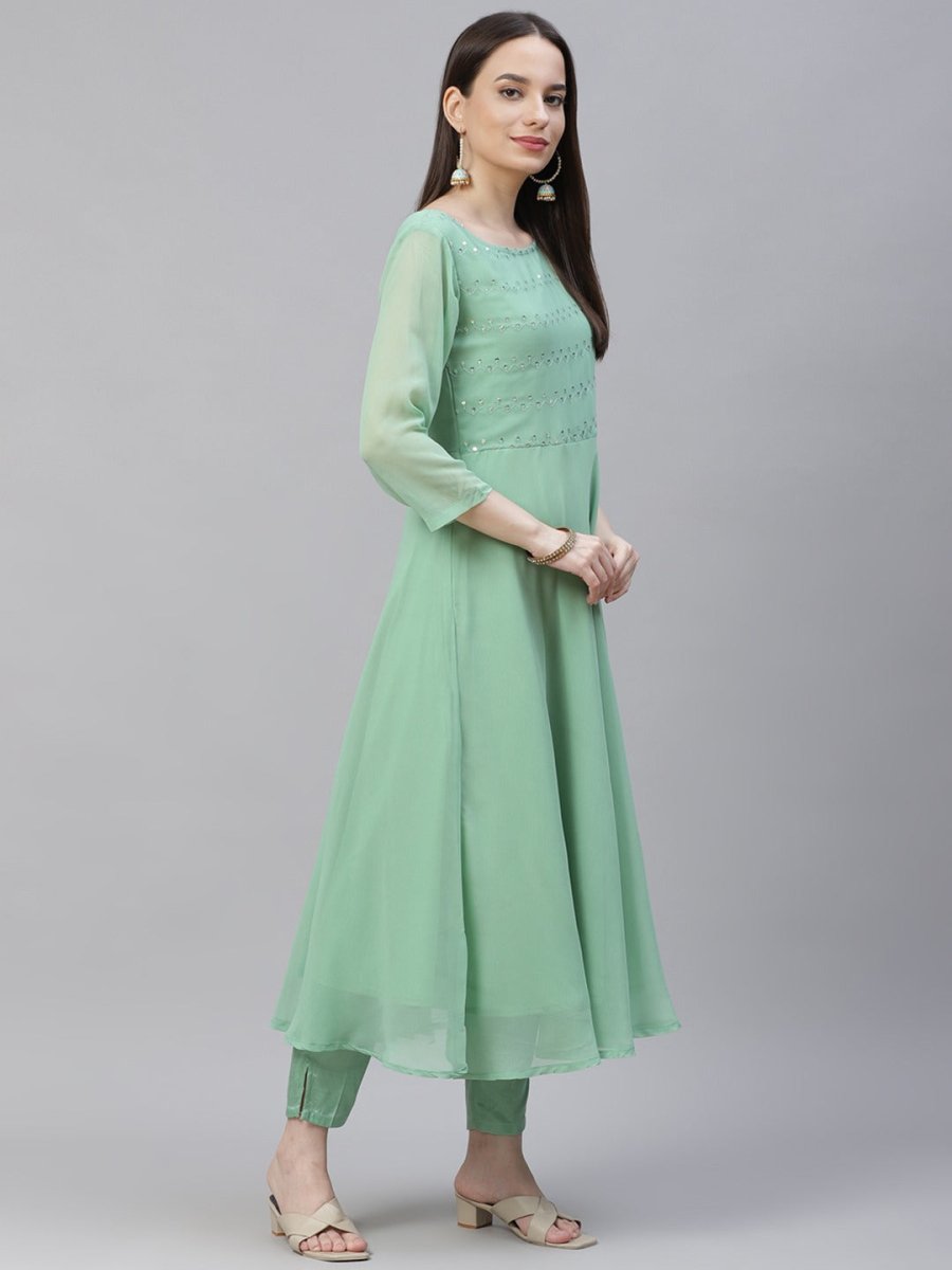 Women Sea Green Embroidered Regular Sequinned Kurta with Trousers & Dupatta - JOKS_D19Yellow_1383_Green_S