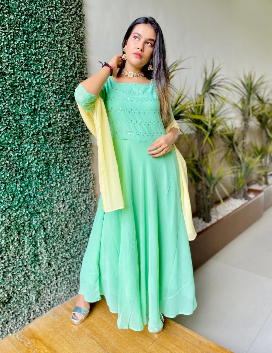 Women Sea Green Embroidered Regular Sequinned Kurta with Trousers & Dupatta - JOKS_D19Yellow_1383_Green_S