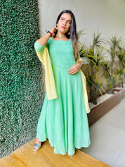 Women Sea Green Embroidered Regular Sequinned Kurta with Trousers & Dupatta - JOKS_D19Yellow_1383_Green_S
