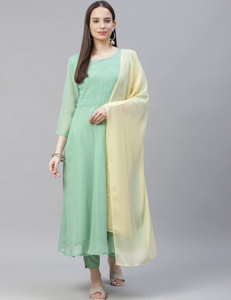 Women Sea Green Embroidered Regular Sequinned Kurta with Trousers & Dupatta - JOKS_D19Yellow_1383_Green_S