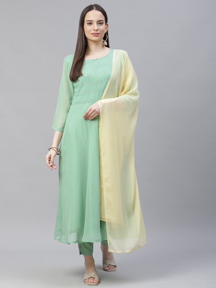 Women Sea Green Embroidered Regular Sequinned Kurta with Trousers & Dupatta - JOKS_D19Yellow_1383_Green_S