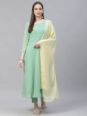 Women Sea Green Embroidered Regular Sequinned Kurta with Trousers & Dupatta - JOKS_D19Yellow_1383_Green_S