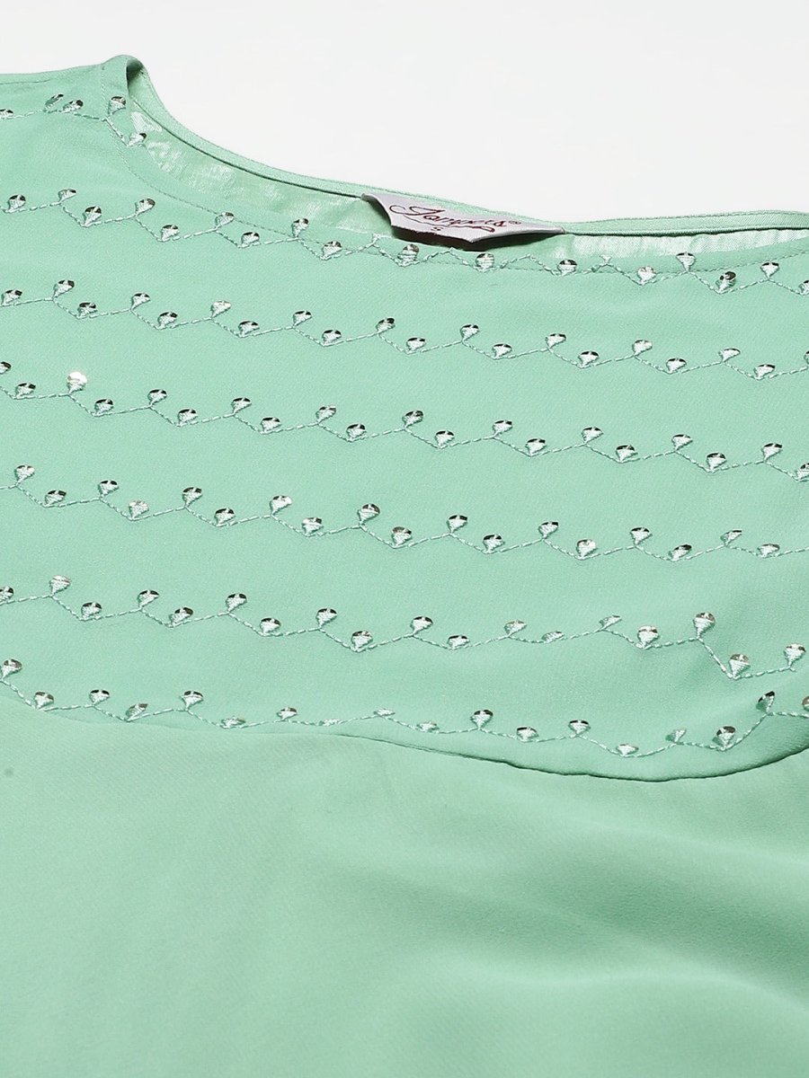 Women Sea Green Embroidered Regular Sequinned Kurta with Trousers & Dupatta - JOKS_D19Yellow_1383_Green_S