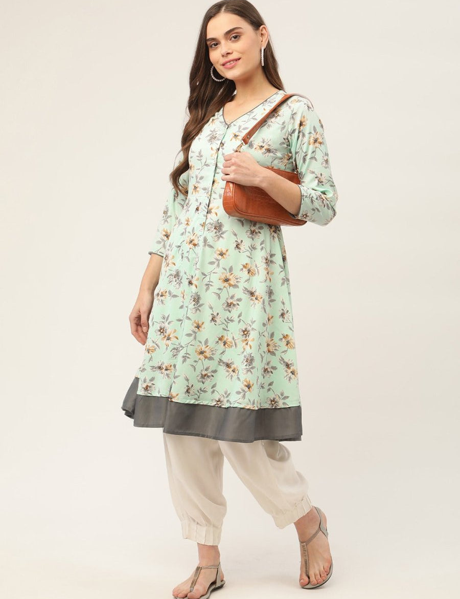 Women Sky Blue and White Flared Printed kurta - JOK_1424_Sky_S