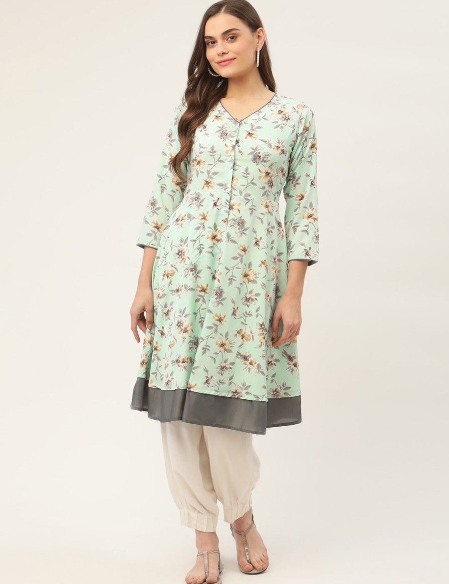 Women Sky Blue and White Flared Printed kurta - JOK_1424_Sky_S