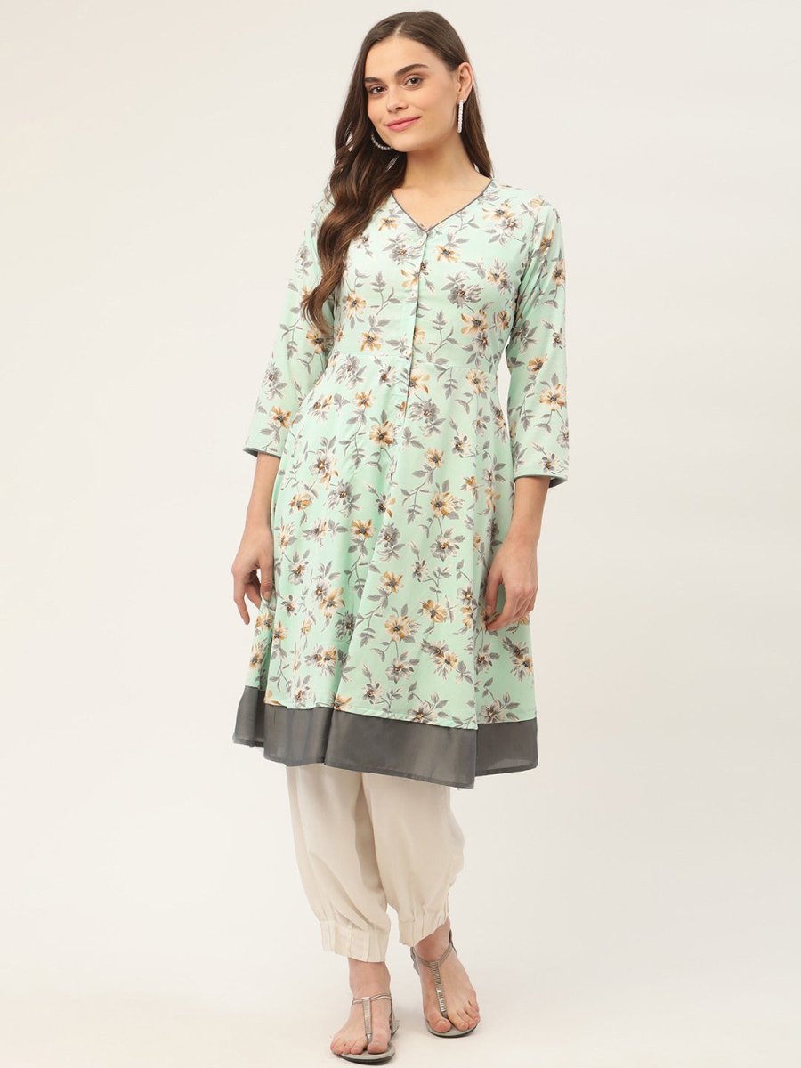 Women Sky Blue and White Flared Printed kurta - JOK_1424_Sky_S