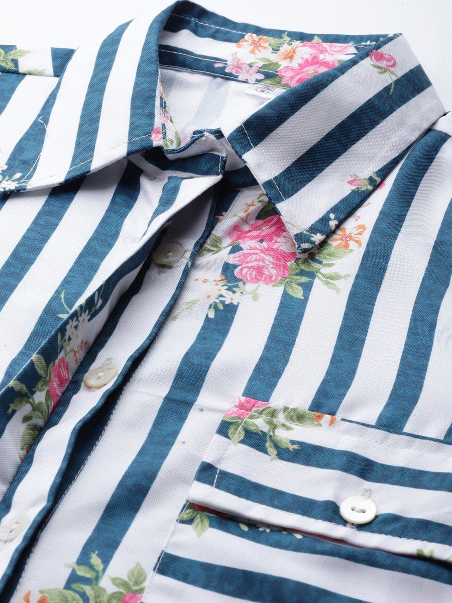 Women Striped Double Pocket Shirt Style Top - JNT_2009Blue_XS