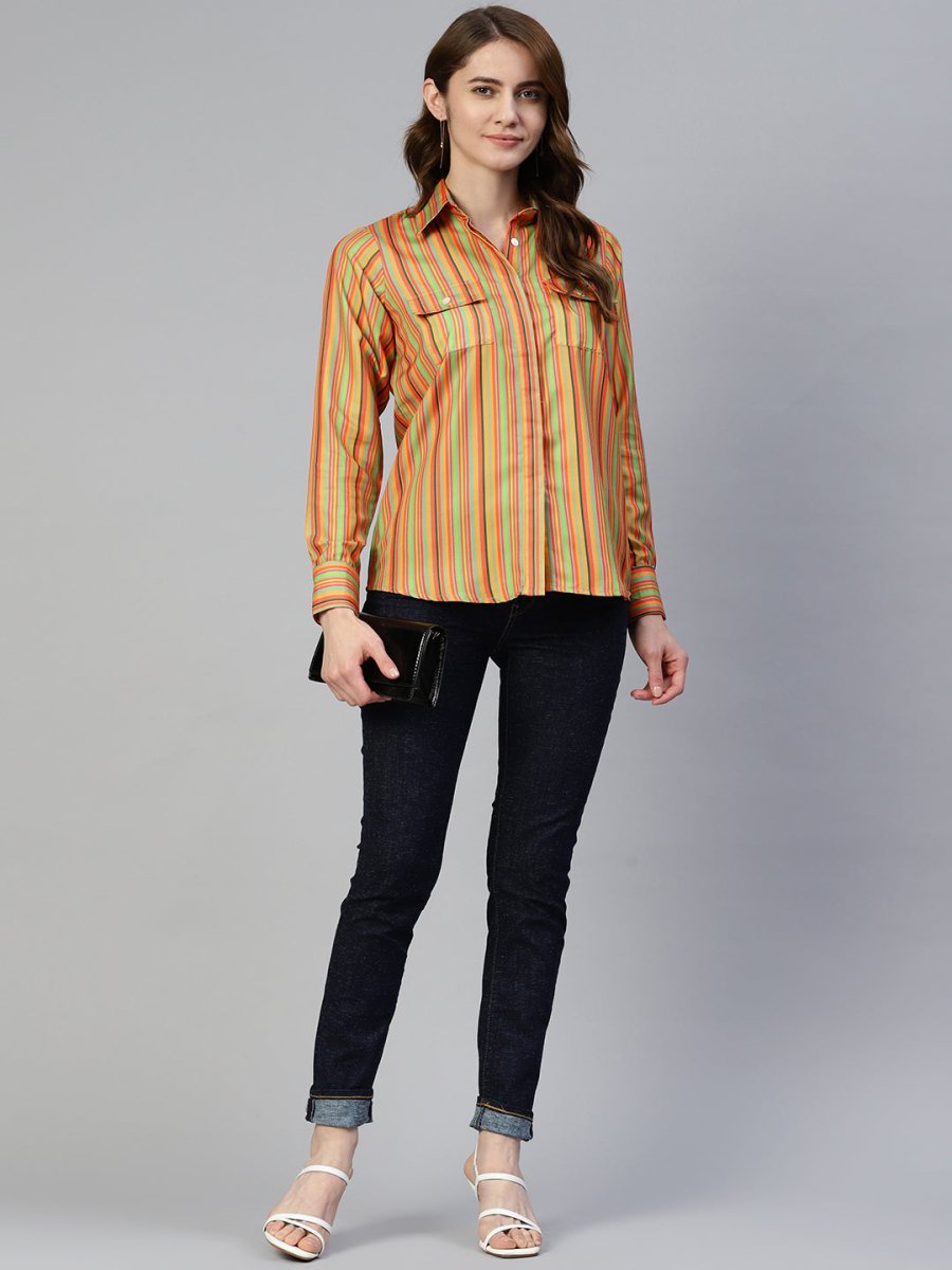 Women Striped Double Pocket Shirt Style Top - JNT_2009Lime_XS
