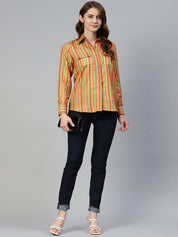Women Striped Double Pocket Shirt Style Top - JNT_2009Lime_XS