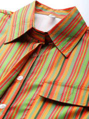 Women Striped Double Pocket Shirt Style Top - JNT_2009Lime_XS