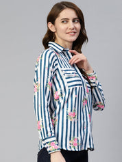 Women Striped Double Pocket Shirt Style Top - JNT_2009Blue_XS