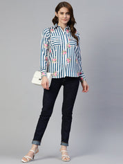 Women Striped Double Pocket Shirt Style Top - JNT_2009Blue_XS