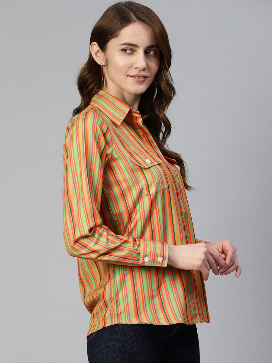 Women Striped Double Pocket Shirt Style Top - JNT_2009Lime_XS