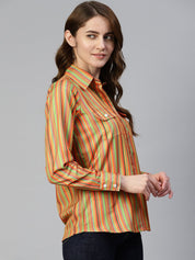 Women Striped Double Pocket Shirt Style Top - JNT_2009Lime_XS