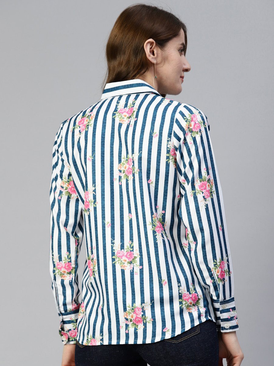Women Striped Double Pocket Shirt Style Top - JNT_2009Blue_XS