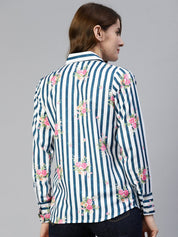 Women Striped Double Pocket Shirt Style Top - JNT_2009Blue_XS