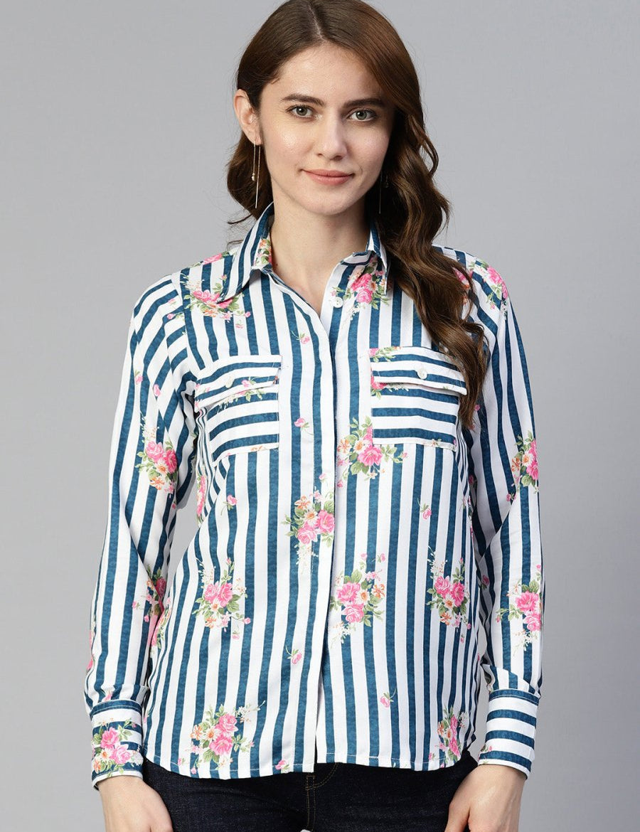 Women Striped Double Pocket Shirt Style Top - JNT_2009Blue_XS