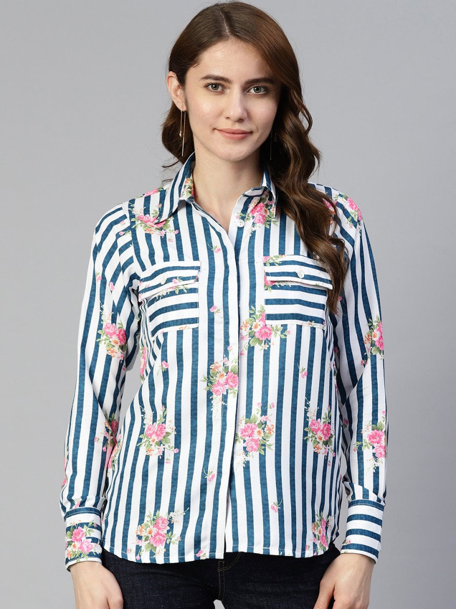 Women Striped Double Pocket Shirt Style Top - JNT_2009Blue_XS