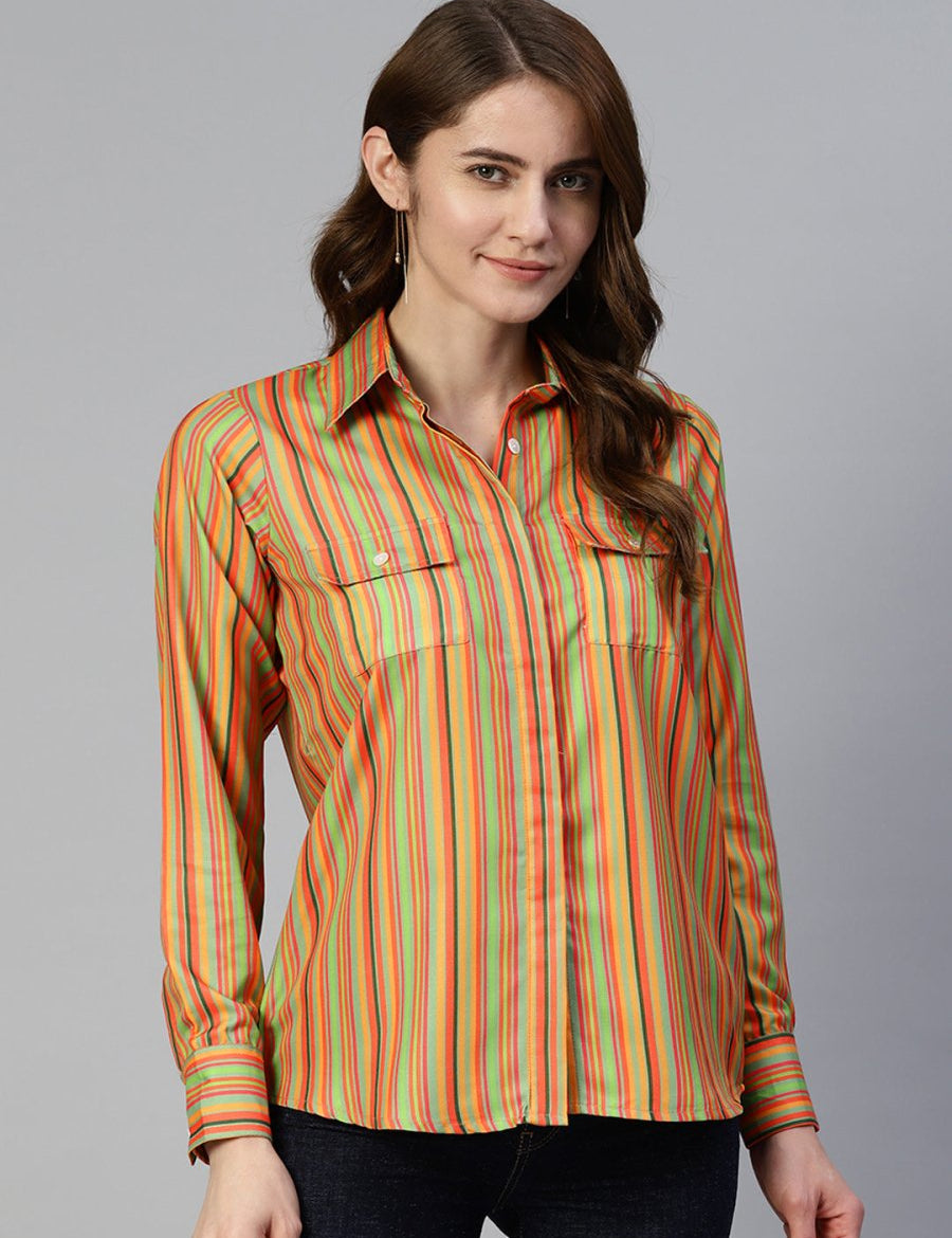 Women Striped Double Pocket Shirt Style Top - JNT_2009Lime_XS