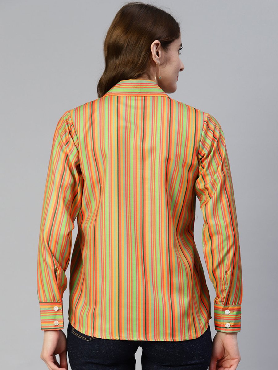 Women Striped Double Pocket Shirt Style Top - JNT_2009Lime_XS