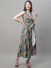 Women Teal Blue Printed A-Line Dresses - JND_1016Teal_XS