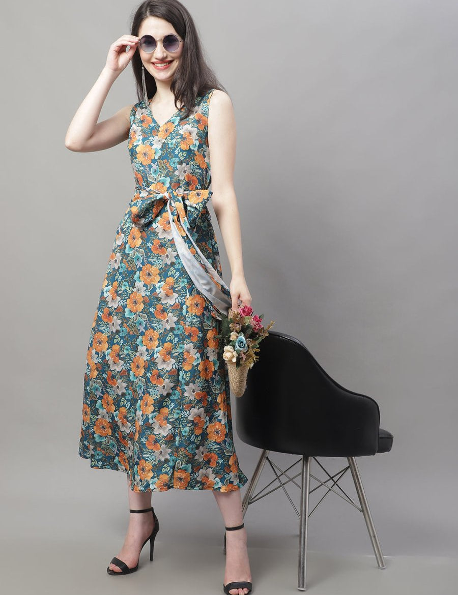 Women Teal Blue Printed A-Line Dresses - JND_1016Teal_XS