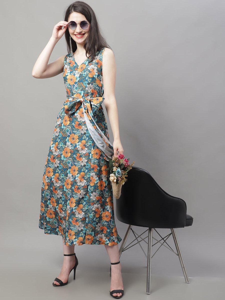 Women Teal Blue Printed A-Line Dresses - JND_1016Teal_XS