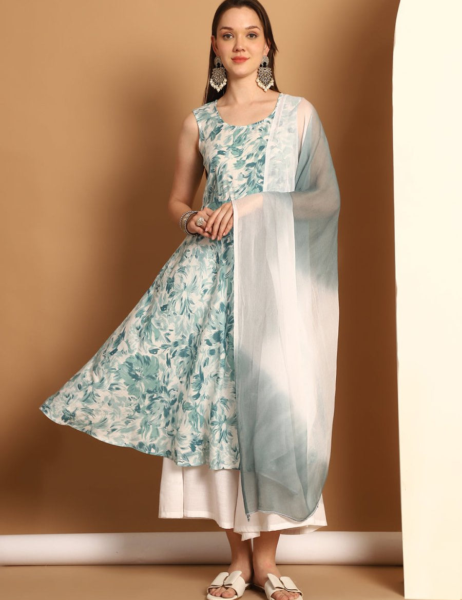 Women Teal Printed Kurta with Palazzos & With Ombre Dupatta - JOKPL_D62T_1557_Teal_S