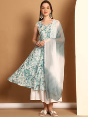 Women Teal Printed Kurta with Palazzos & With Ombre Dupatta - JOKPL_D62T_1557_Teal_S