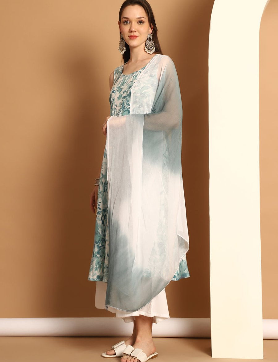Women Teal Printed Kurta with Palazzos & With Ombre Dupatta - JOKPL_D62T_1557_Teal_S