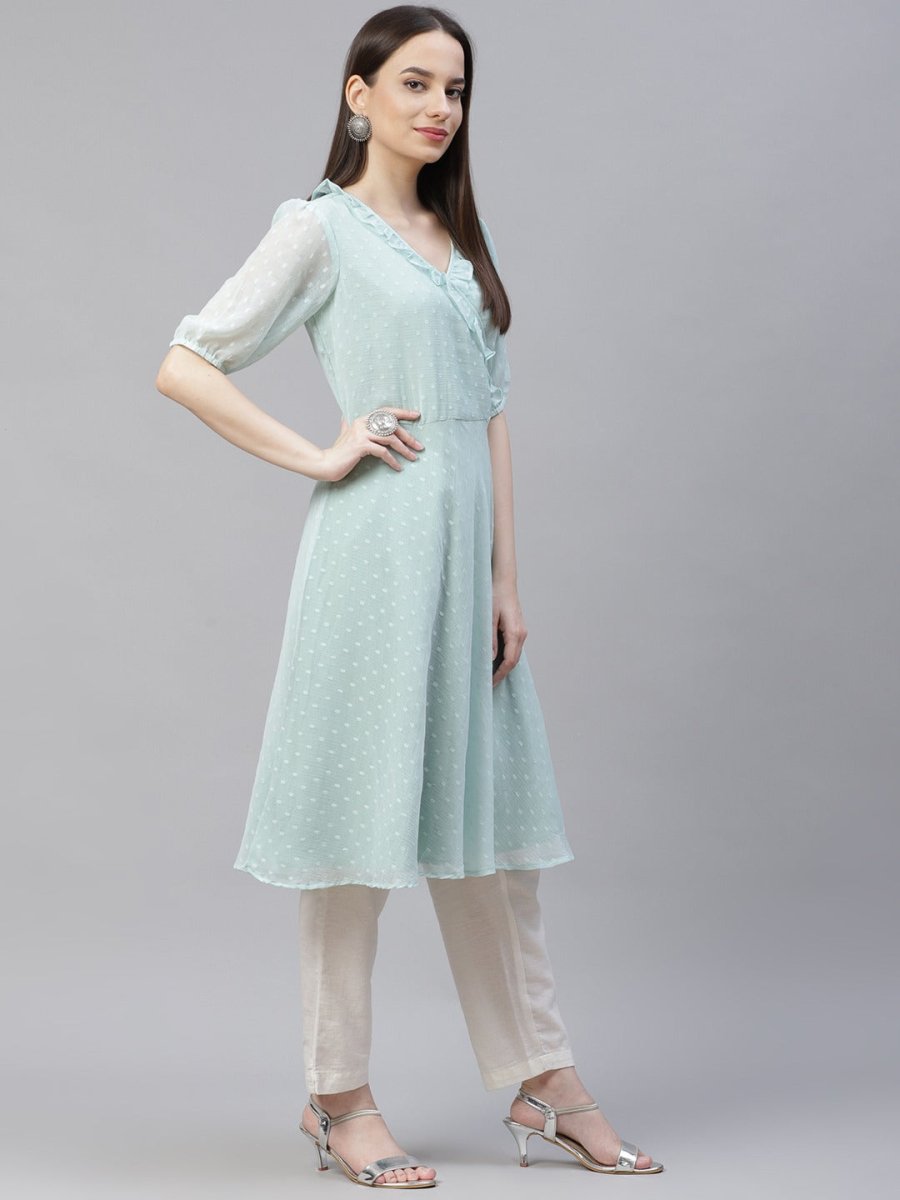 Women Turquoise Blue Woven Design Flared Kurta - JOK_1403_Blue_S