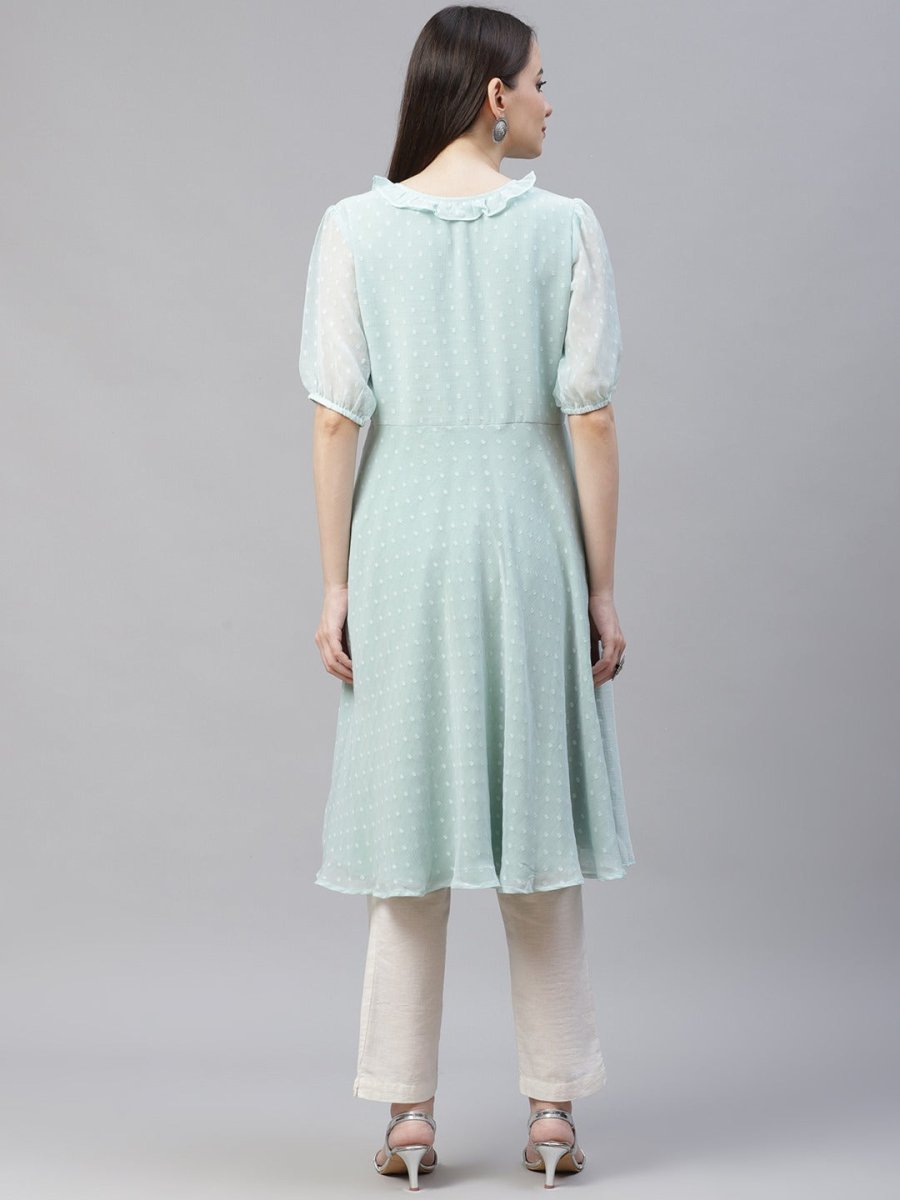 Women Turquoise Blue Woven Design Flared Kurta - JOK_1403_Blue_S