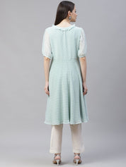 Women Turquoise Blue Woven Design Flared Kurta - JOK_1403_Blue_S