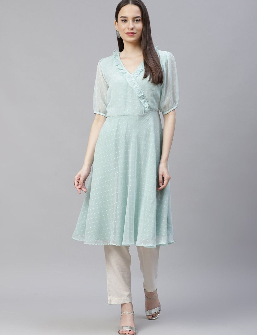 Women Turquoise Blue Woven Design Flared Kurta - JOK_1403_Blue_S