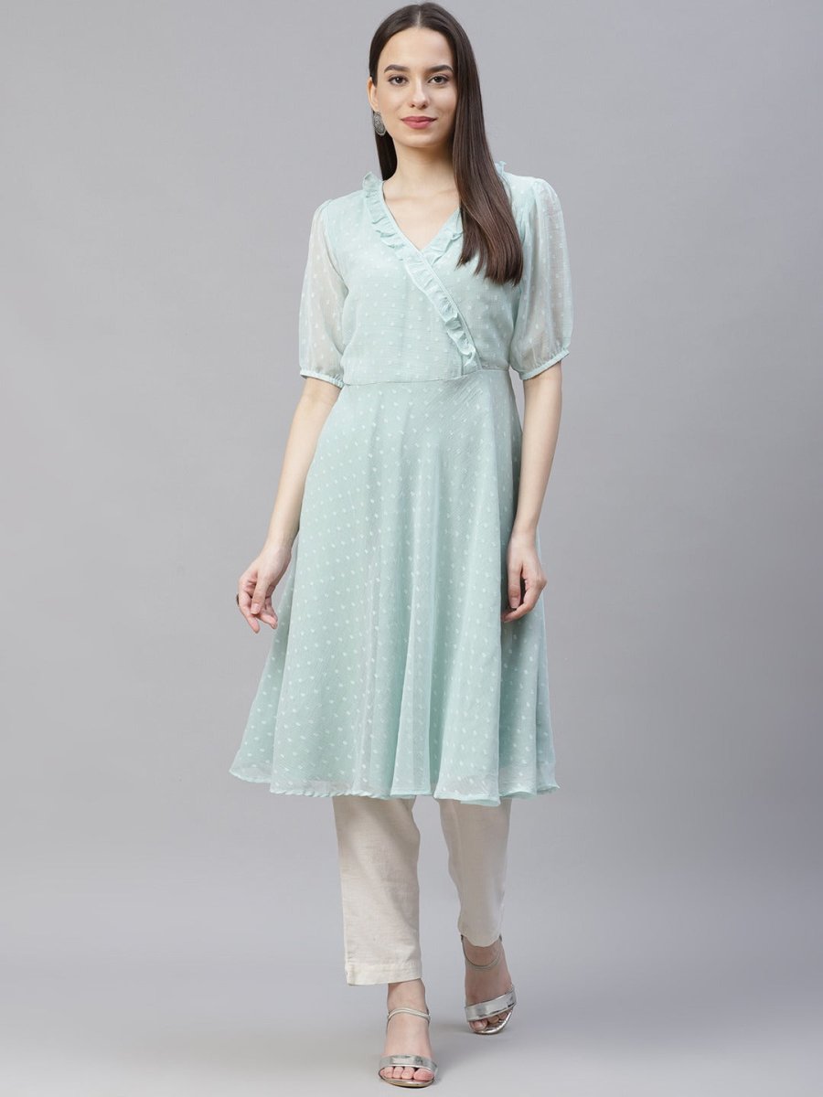 Women Turquoise Blue Woven Design Flared Kurta - JOK_1403_Blue_S