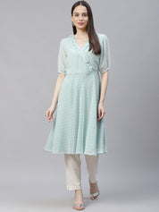 Women Turquoise Blue Woven Design Flared Kurta - JOK_1403_Blue_S