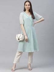 Women Turquoise Blue Woven Design Flared Kurta - JOK_1403_Blue_S