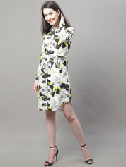 Women White Printed A-Line Dresses With Belt - JND_1015White_XS