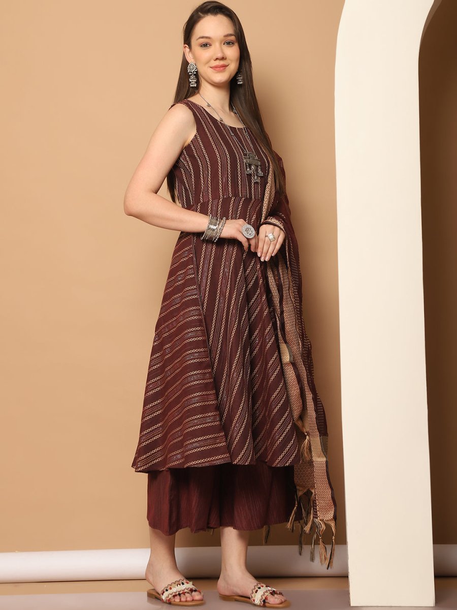 Women Woven Design Kantha Work Kurta with Palazzos & With Dupatta - JOKPL_D56M_1554_Maroon_S