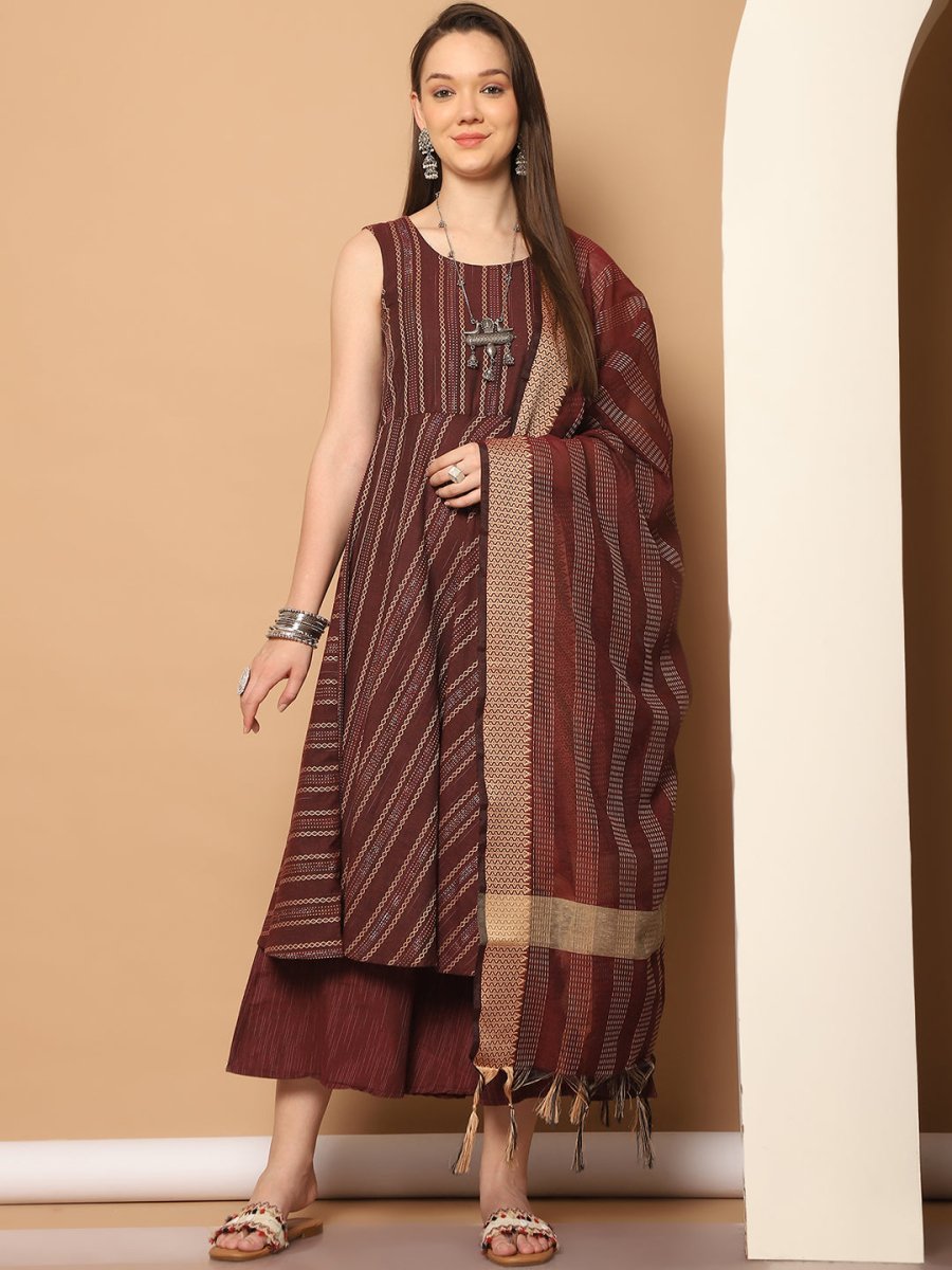 Women Woven Design Kantha Work Kurta with Palazzos & With Dupatta - JOKPL_D56M_1554_Maroon_S
