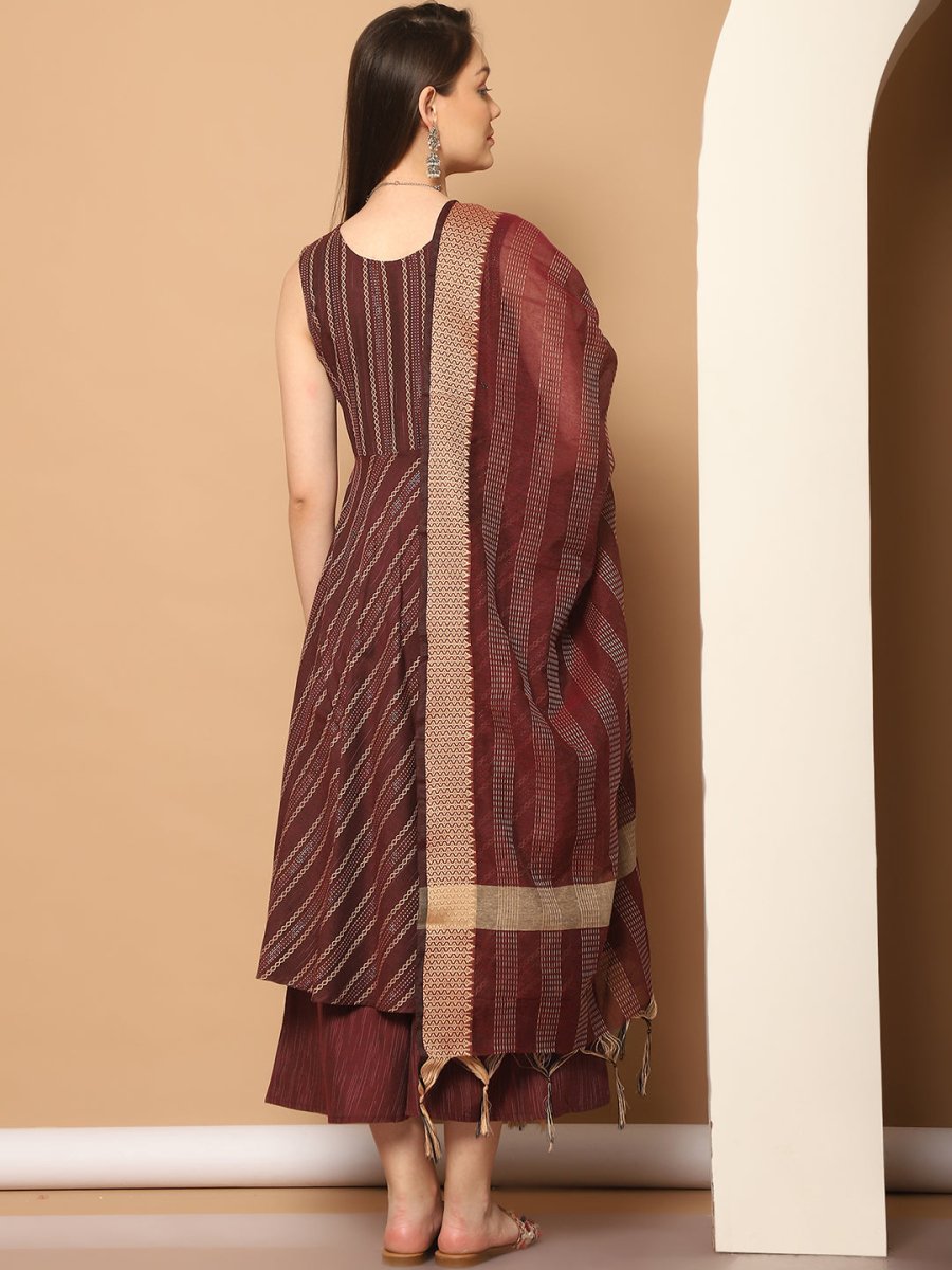 Women Woven Design Kantha Work Kurta with Palazzos & With Dupatta - JOKPL_D56M_1554_Maroon_S