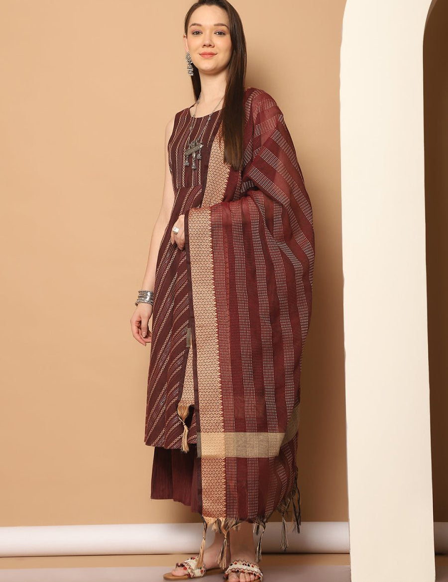 Women Woven Design Kantha Work Kurta with Palazzos & With Dupatta - JOKPL_D56M_1554_Maroon_S