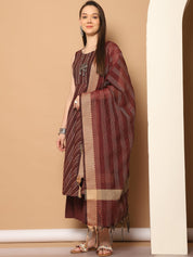 Women Woven Design Kantha Work Kurta with Palazzos & With Dupatta - JOKPL_D56M_1554_Maroon_S